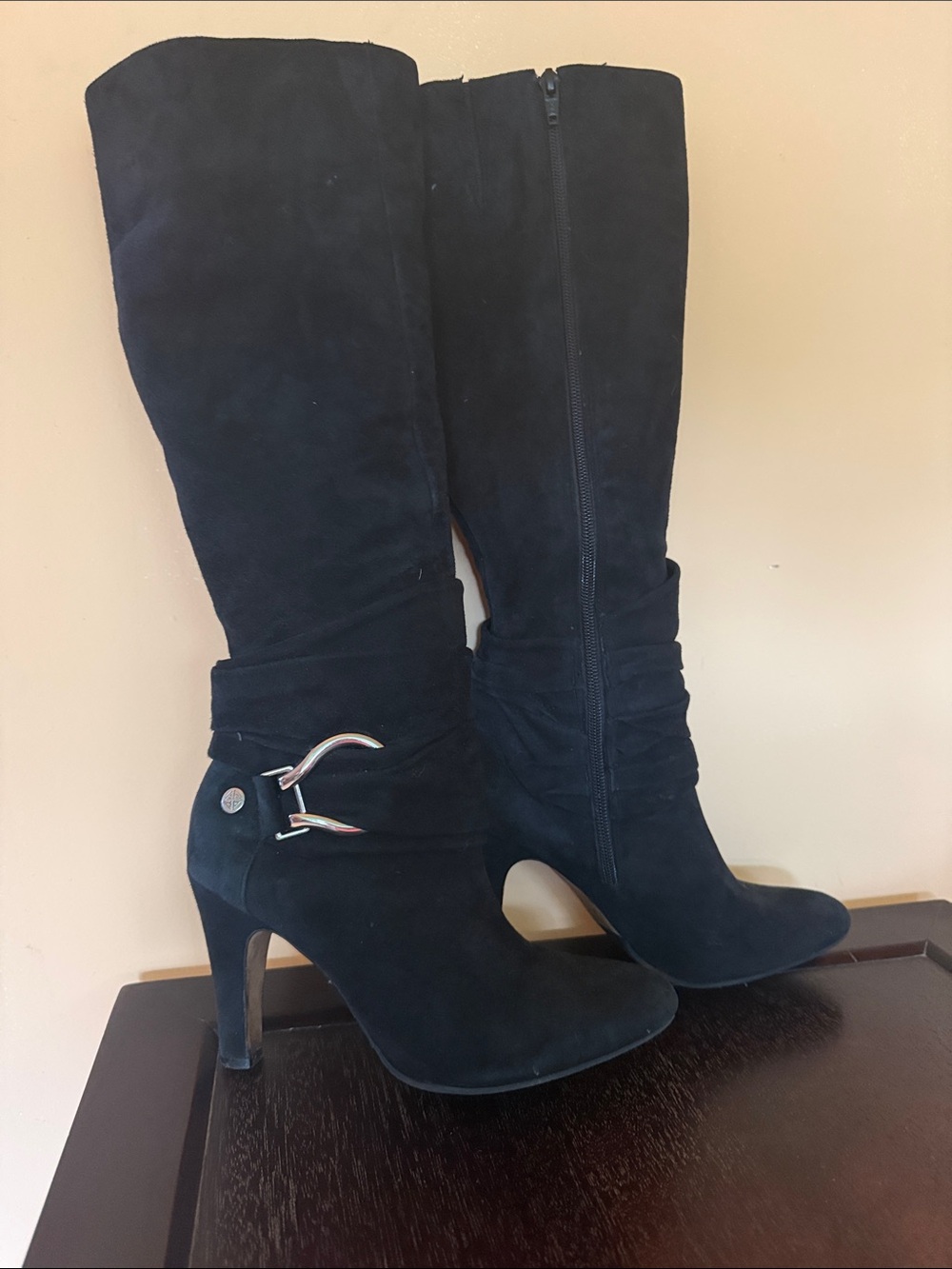 Michael Antonio Black Suede High-Heel Knee Boots with Buckle Size 8